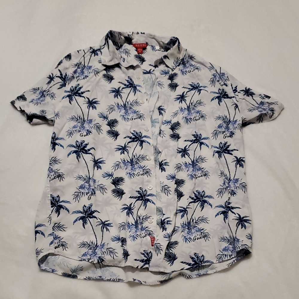 Guess Men's White Shirt with Blue Palm Print